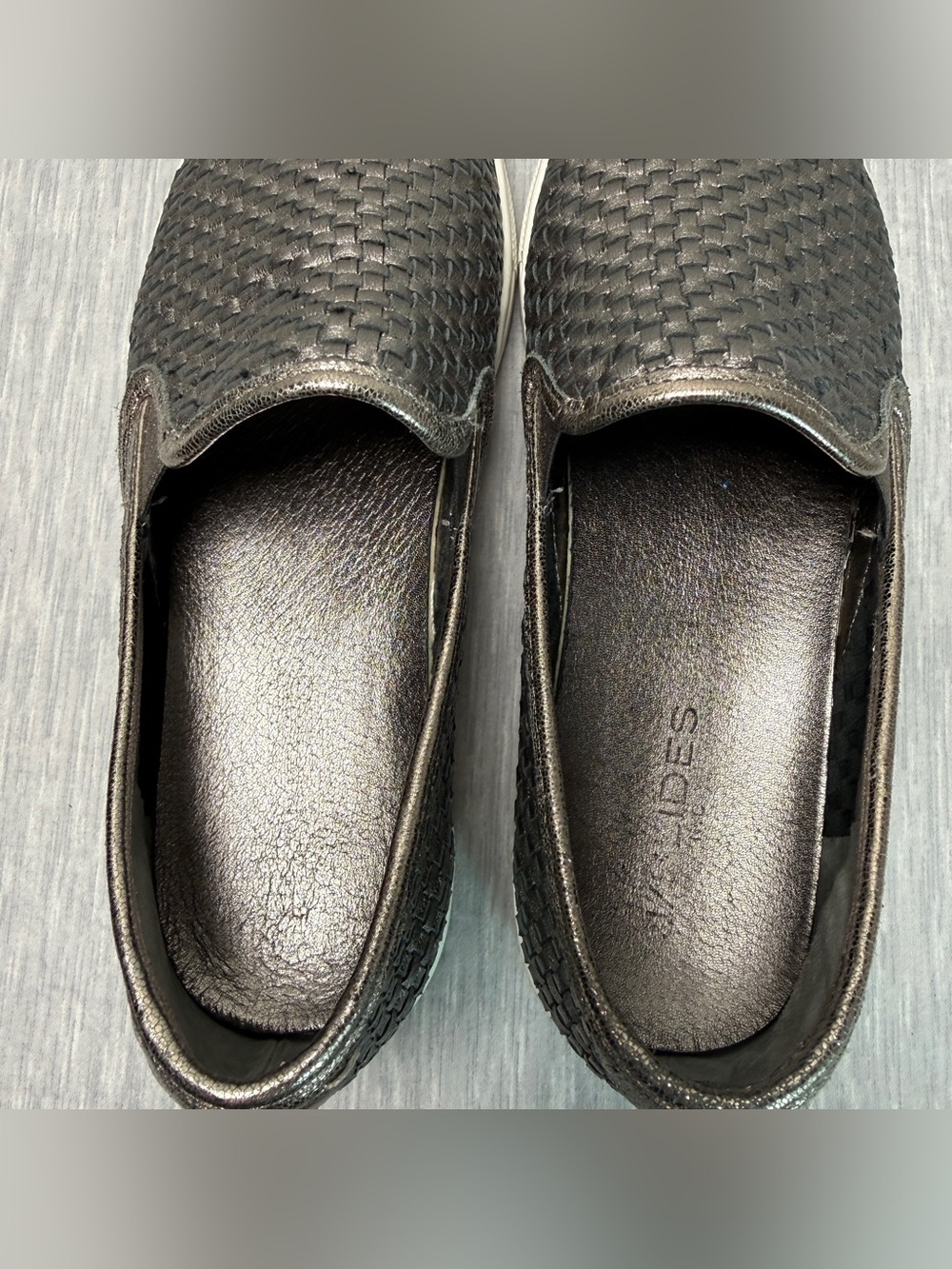 J/Slides Calina Woven Metallic Leather Slip-On Sneaker Gunmetal Quiet Luxury 9 - Picture 2 of 8
